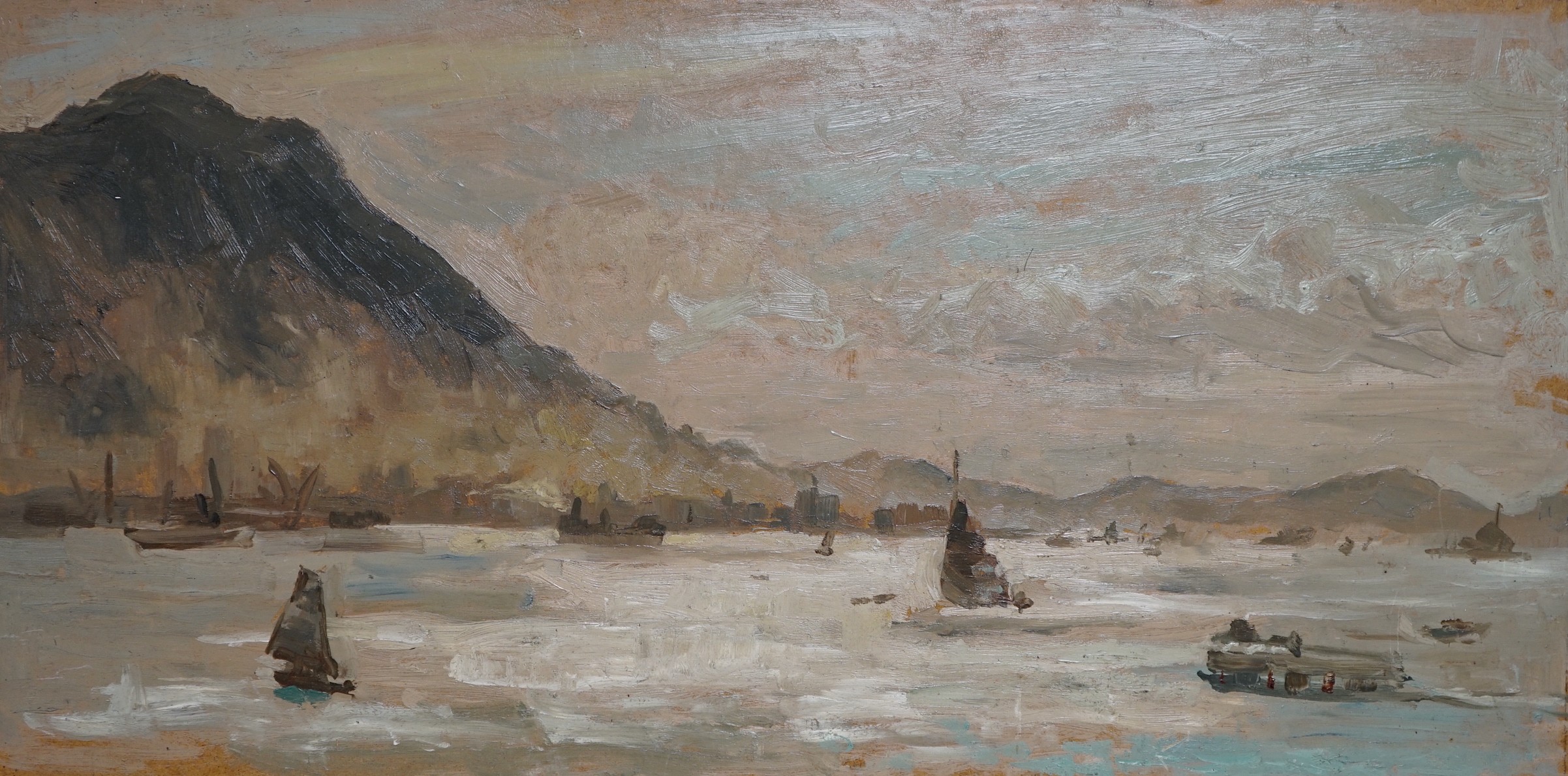 E. Sinclair, oil on board, Hong Kong Harbour, inscribed verso, 25 x 50cm